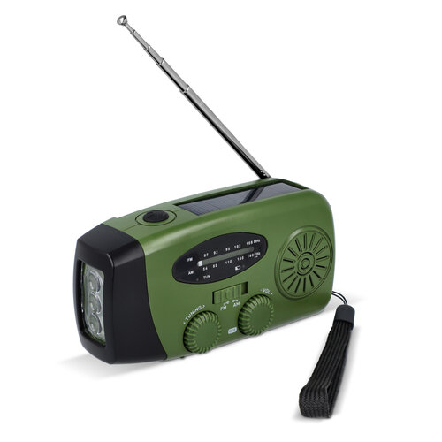 SafeSound noodradio LT95607 – compacte AM/FM radio met zaklamp, 1800 mAh powerbank en oplaadopties via zonnepaneel, USB-C of handslinger, ideaal relatiegeschenk