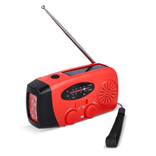 SafeSound noodradio LT95607 – compacte AM/FM radio met zaklamp, 1800 mAh powerbank en oplaadopties via zonnepaneel, USB-C of handslinger, ideaal relatiegeschenk