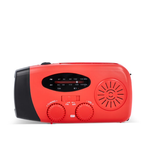 SafeSound noodradio LT95607 – compacte AM/FM radio met zaklamp, 1800 mAh powerbank en oplaadopties via zonnepaneel, USB-C of handslinger, ideaal relatiegeschenk