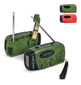 SafeSound noodradio LT95607 – compacte AM/FM radio met zaklamp, 1800 mAh powerbank en oplaadopties via zonnepaneel, USB-C of handslinger, ideaal relatiegeschenk