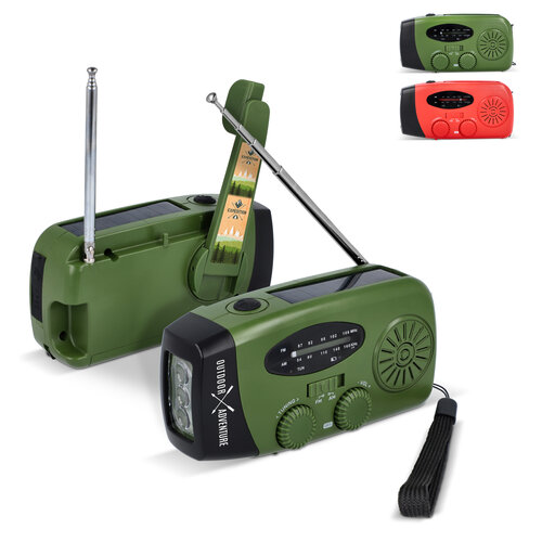 SafeSound noodradio LT95607 – compacte AM/FM radio met zaklamp, 1800 mAh powerbank en oplaadopties via zonnepaneel, USB-C of handslinger, ideaal relatiegeschenk