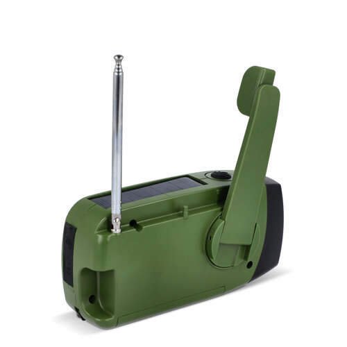 SafeSound noodradio LT95607 – compacte AM/FM radio met zaklamp, 1800 mAh powerbank en oplaadopties via zonnepaneel, USB-C of handslinger, ideaal relatiegeschenk