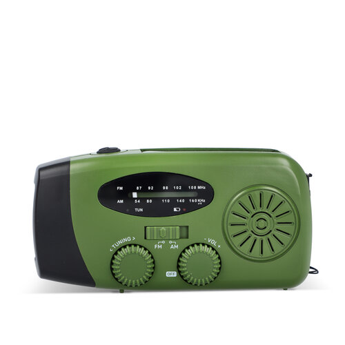 SafeSound noodradio LT95607 – compacte AM/FM radio met zaklamp, 1800 mAh powerbank en oplaadopties via zonnepaneel, USB-C of handslinger, ideaal relatiegeschenk