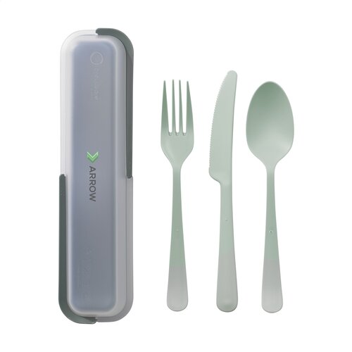 Outdoor 3-delige bestekset Circulware 2126 – herbruikbare kunststof set met lepel, vork en mes in cassette, vaatwasser- en magnetronbestendig, duurzaam relatiegeschenk