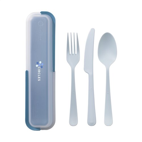 Outdoor 3-delige bestekset Circulware 2126 – herbruikbare kunststof set met lepel, vork en mes in cassette, vaatwasser- en magnetronbestendig, duurzaam relatiegeschenk