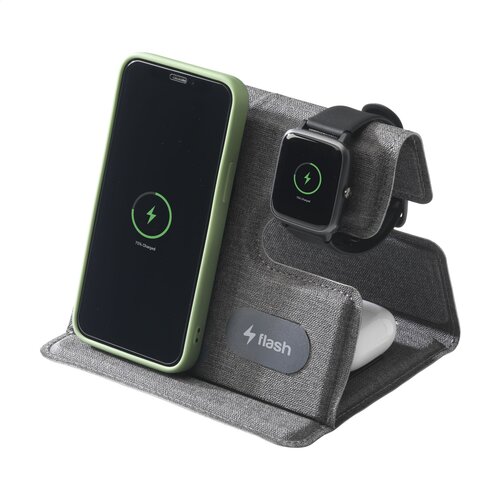 Triplo RCS Wireless Charging Station oplader 2377 – 3-in-1 draadloze oplader van gerecycled ABS en PU, magnetisch en RCS-gecertificeerd, ideaal relatiegeschenk