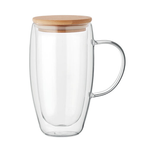 Double Wall Borosilicate Mug MO2673 – dubbelwandige mok van borosilicaatglas met bamboe deksel, 450 ml inhoud, ideaal duurzaam relatiegeschenk