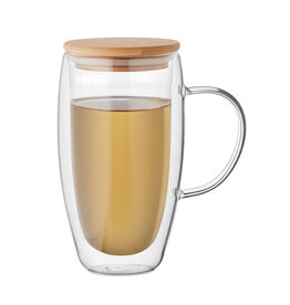 Double Wall Borosilicate Mug MO2673 – dubbelwandige mok van borosilicaatglas met bamboe deksel, 450 ml inhoud, ideaal duurzaam relatiegeschenk