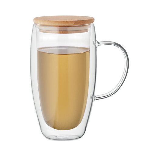 Double Wall Borosilicate Mug MO2673 – dubbelwandige mok van borosilicaatglas met bamboe deksel, 450 ml inhoud, ideaal duurzaam relatiegeschenk
