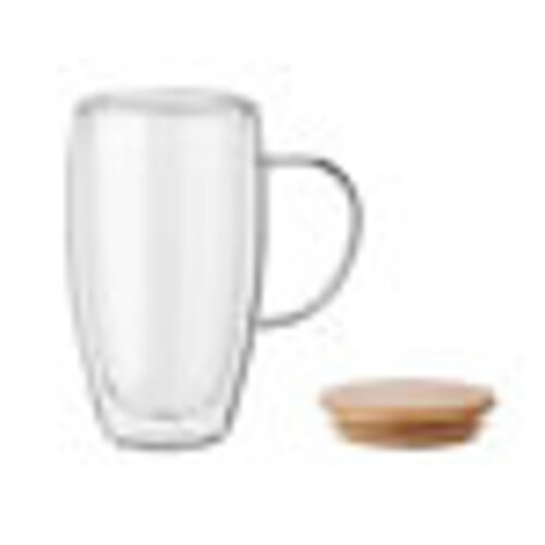 Double Wall Borosilicate Mug MO2673 – dubbelwandige mok van borosilicaatglas met bamboe deksel, 450 ml inhoud, ideaal duurzaam relatiegeschenk