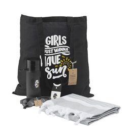 Merch Set Beach geschenkset 8227 – duurzame zomerset met hamamdoek, waterfles, zonnebrand, zonnebril en shopper van gerecycled katoen, ideaal relatiegeschenk