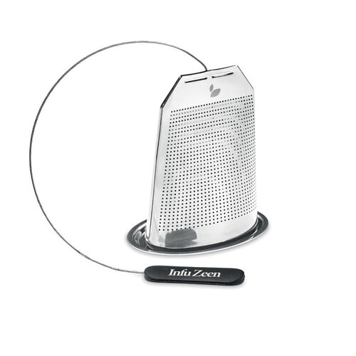 Thee-ei in roestvrij staal MO2605 – herbruikbaar theezeefje in de vorm van een theezakje met siliconen handvat en schotel, duurzaam relatiegeschenk