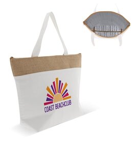 Strandkoelerzak katoen jute 42x10x30 cm LT95267 – stijlvolle koeltas van katoen en jute met natuurlijke look, ideaal als zomers duurzaam relatiegeschenk