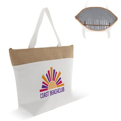 Strandkoelerzak Katoen Jute LT95267 met geïsoleerd hoofdvak, natuurlijke materialen en stevige hengsels bedrukken met logo voor strand en vakantie