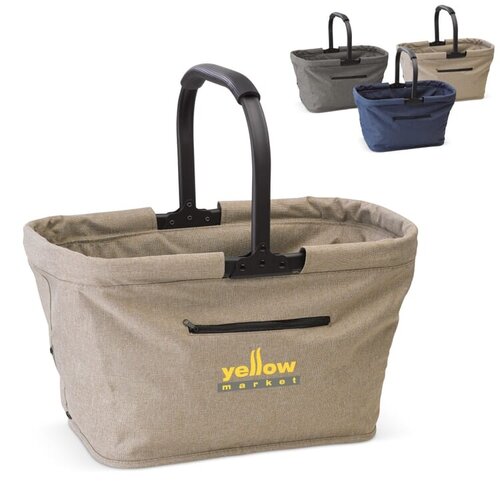 Picknickmand opvouwbaar 600D LT91494 – stijlvolle mand van gemêleerd polyester met ritssluitingvak en rubberen handvat, ideaal als relatiegeschenk