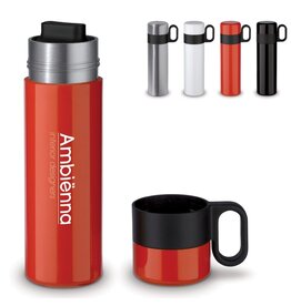 Thermofles Flow met handvat 500ml LT98784 – dubbelwandige RVS thermofles, vacuüm geïsoleerd en lekvrij, ideaal duurzaam relatiegeschenk voor onderweg