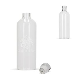 Glazen fles 1000ml, duurzame borosilicaatfles met flexibele stop – elegant bedrukt relatiegeschenk voor kantoor of horeca