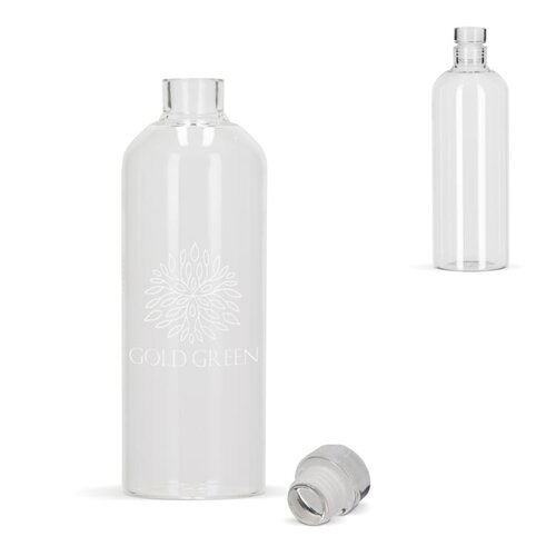 Glazen fles 1000ml, duurzame borosilicaatfles met flexibele stop – elegant bedrukt relatiegeschenk voor kantoor of horeca