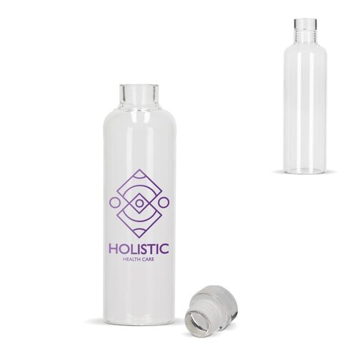 Glazen fles 500ml, duurzame borosilicaatfles met flexibele stop – elegant bedrukt relatiegeschenk voor kantoor, horeca of events