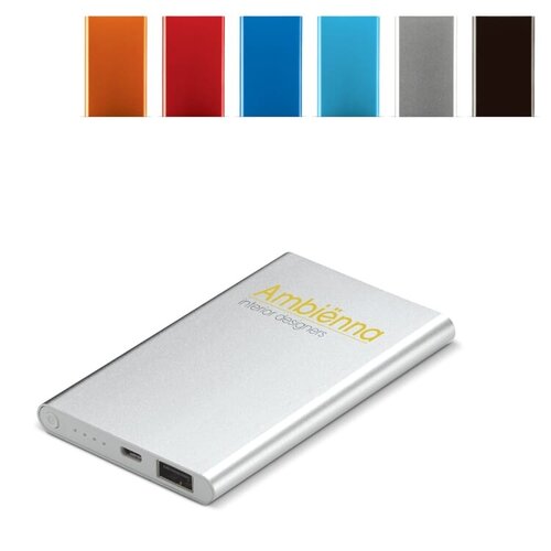 platte aluminium powerbank Slim 4000mAh LT91174 bedrukt met logo – technologisch relatiegeschenk voor bedrijven