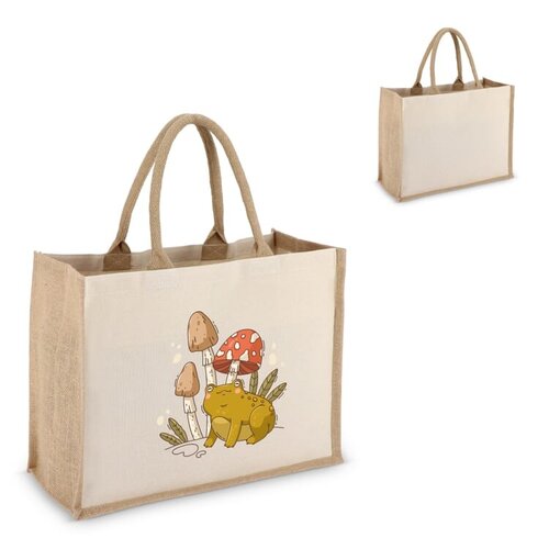 Jute-katoen tote OEKO-TEX® 320g, duurzame canvas tas met jute details – milieuvriendelijk bedrukt relatiegeschenk voor retail en dagelijks gebruik