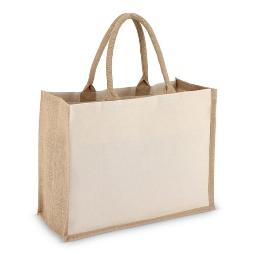 Jute-katoen tote OEKO-TEX® 320g, duurzame canvas tas met jute details – milieuvriendelijk bedrukt relatiegeschenk voor retail en dagelijks gebruik