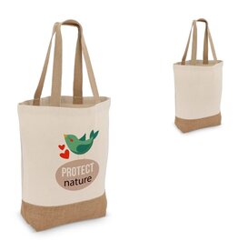 Katoen-jute tote OEKO-TEX® 320g, duurzame canvas tas met jute bodem – milieuvriendelijk bedrukt relatiegeschenk voor retail en dagelijks gebruik