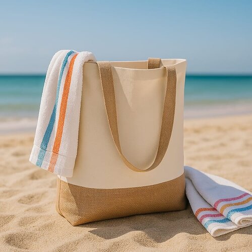 Katoen-jute tote OEKO-TEX® 320g, duurzame canvas tas met jute bodem – milieuvriendelijk bedrukt relatiegeschenk voor retail en dagelijks gebruik
