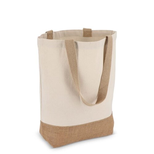 Katoen-jute tote OEKO-TEX® 320g, duurzame canvas tas met jute bodem – milieuvriendelijk bedrukt relatiegeschenk voor retail en dagelijks gebruik