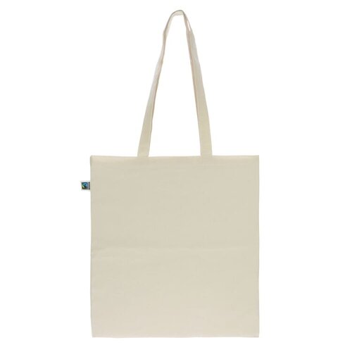 Fairtrade katoenen tas ecru 140g, duurzame schoudertas met lange handvatten – ethisch bedrukt relatiegeschenk voor retail en dagelijks gebruik