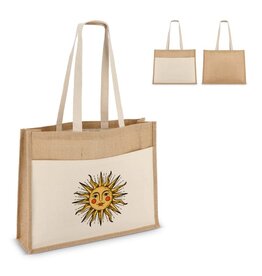 Jute tote bag OEKO-TEX® 320g met katoenen voorvak – duurzame tas als bedrukt relatiegeschenk voor retail, strand of dagelijks gebruik