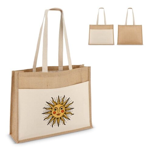 Jute tote bag OEKO-TEX® 320g met katoenen voorvak – duurzame tas als bedrukt relatiegeschenk voor retail, strand of dagelijks gebruik