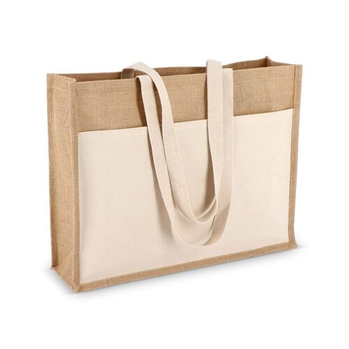 Jute tote bag OEKO-TEX® 320g met katoenen voorvak – duurzame tas als bedrukt relatiegeschenk voor retail, strand of dagelijks gebruik
