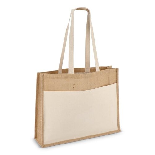 Jute tote bag OEKO-TEX® 320g met katoenen voorvak – duurzame tas als bedrukt relatiegeschenk voor retail, strand of dagelijks gebruik