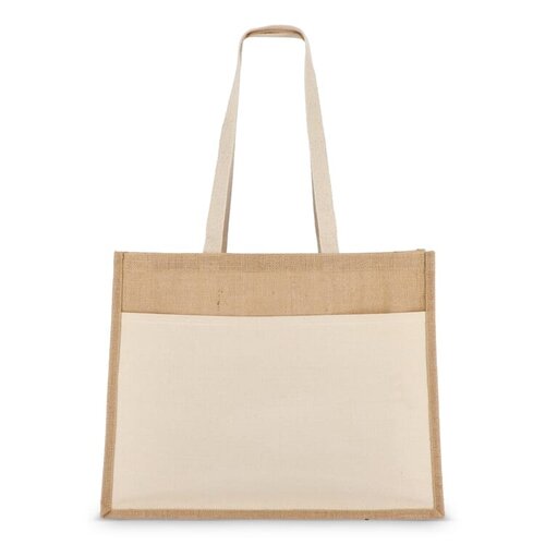 Jute tote bag OEKO-TEX® 320g met katoenen voorvak – duurzame tas als bedrukt relatiegeschenk voor retail, strand of dagelijks gebruik