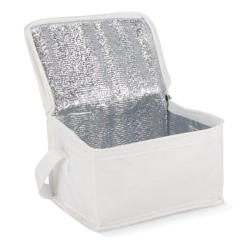 R-PET koeltas 6 blikjes non-woven 75g met aluminiumfolie – compacte duurzame koeltas als bedrukt relatiegeschenk voor outdoor en promotie