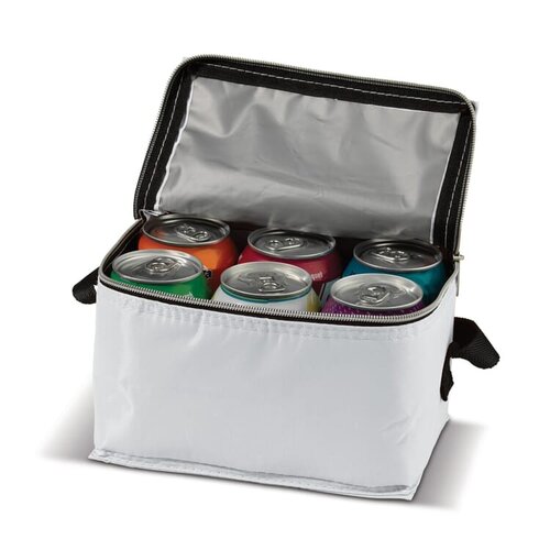 Koeltas met rits klein 6 blikjes, compacte polyester koeltas met draagriem – bedrukt relatiegeschenk voor outdoor en promotie