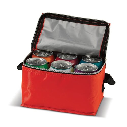 Koeltas met rits klein 6 blikjes, compacte polyester koeltas met draagriem – bedrukt relatiegeschenk voor outdoor en promotie