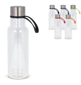 Waterfles Tatum R-PET 600ml met rubberen handvat – duurzame herbruikbare fles van gerecycled PET als bedrukt relatiegeschenk voor werk en outdoor