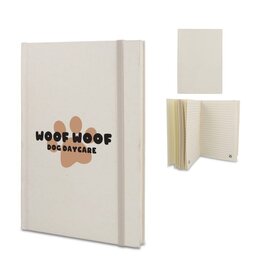 Duurzaam notitieboek melkkarton A5 – gerecycled melkpakpapier bedrukt relatiegeschenk met elastiek en lint voor kantoor en promotie