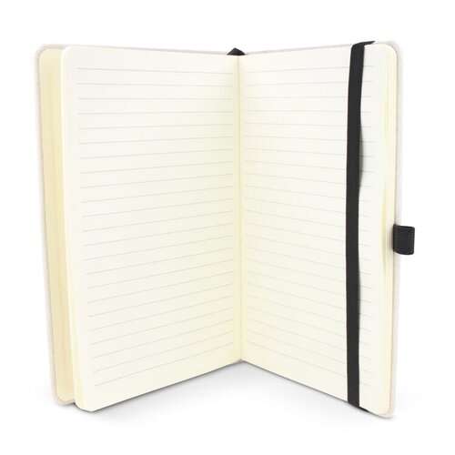Duurzaam notitieboek van gerecycled katoen en R-PET A5 met FSC-papier – milieuvriendelijk bedrukt relatiegeschenk voor kantoor en promotie