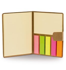 Compact notitieboek met memoblaadjes in kartonnen kaft – duurzaam bedrukt relatiegeschenk in bruin, zwart of wit voor dagelijks gebruik