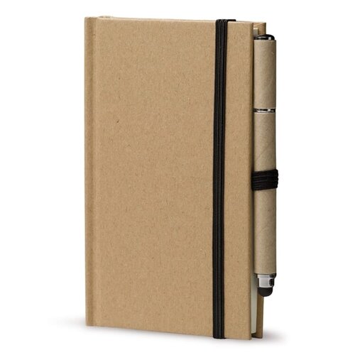 duurzaam notitieboek karton a6 met styluspen en logo – DeBle relatiegeschenk met elastische sluiting en 160 gelinieerde pagina’s voor bedrijven