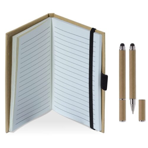 duurzaam notitieboek karton a6 met styluspen en logo – DeBle relatiegeschenk met elastische sluiting en 160 gelinieerde pagina’s voor bedrijven