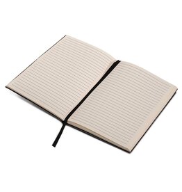 duurzaam notitieboek a5 van gerecycled leer met logo – DeBle relatiegeschenk met elastische band, luxe uitstraling en crèmekleurige pagina’s voor bedrijven