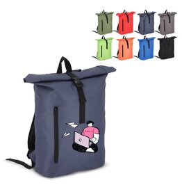 R-PET 600D rolltop rugzak 20 liter – DeBle duurzame rugzak met logo van gerecycled PET, met voorvak, rolltop-sluiting en verstelbare schouderbanden voor bedrijven