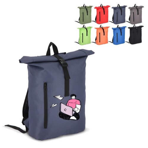 R-PET 600D rolltop rugzak 20 liter – DeBle duurzame rugzak met logo van gerecycled PET, met voorvak, rolltop-sluiting en verstelbare schouderbanden voor bedrijven