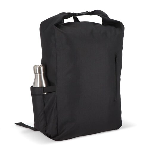 R-PET 600D rolltop gesp rugzak 20 liter – DeBle duurzame rugzak van gerecycled PET met logo, voorvak, zijvak en verstelbare schouderbanden voor bedrijven