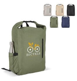 R-PET 600D rolltop gesp rugzak 20 liter – DeBle duurzame rugzak van gerecycled PET met logo, voorvak, zijvak en verstelbare schouderbanden voor bedrijven