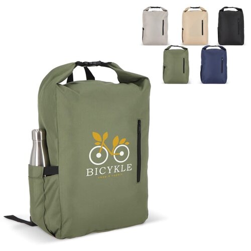R-PET 600D rolltop gesp rugzak 20 liter – DeBle duurzame rugzak van gerecycled PET met logo, voorvak, zijvak en verstelbare schouderbanden voor bedrijven